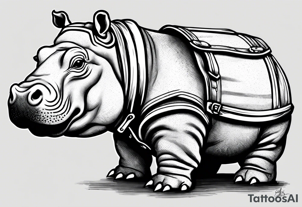 Baby hippo wearing overalls and holding a gun tattoo idea