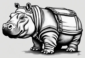 Baby hippo wearing overalls and holding a gun tattoo idea