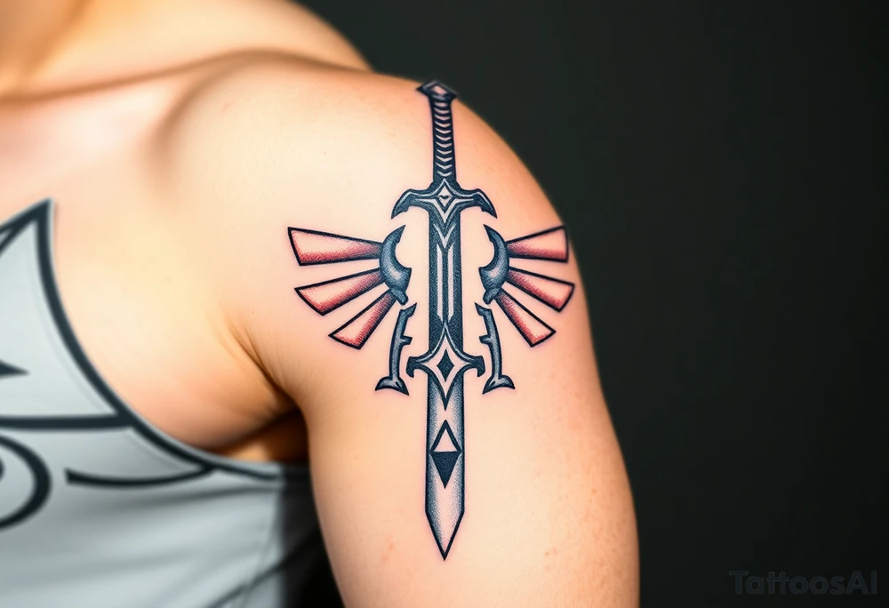 1. Theme: The Legend of Zelda: specifically Link and Zelda
2. Placement: Left Upper Arm
3. Style: Breath of the Wild (in color)
4. Elements to include: Master Sword in center facing up (handle at the bottom), with triforce symbol at the bottom of the blade), Link‘s face on one side, looking away from the sword, Zelda on the other side of the sword, looking in the other direction
5. size: full upper arm covered tattoo idea