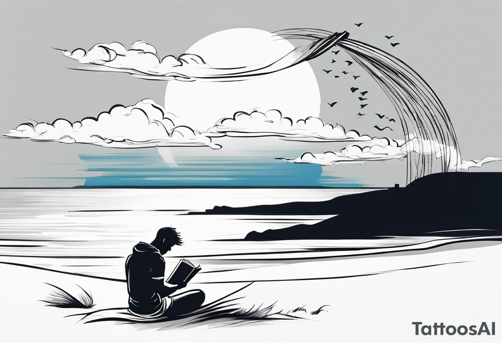 Someone is sitting on the beach reading a book and the pages are flying in the wind, the purpose of the tattoo is to emphasize that just as the pages are flying in the wind, you also have to flip through situations in life tattoo idea