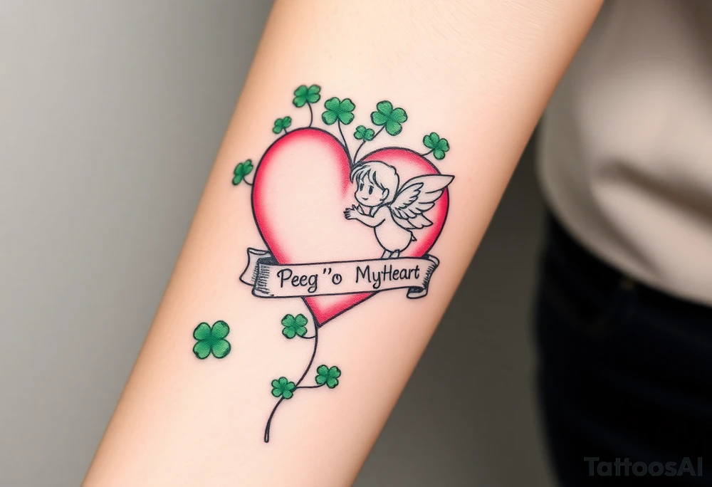 a big pink heart and a cartoon angel in a bunch of green shamrocks, a banner across the heart that says Peg 'o My Heart tattoo idea