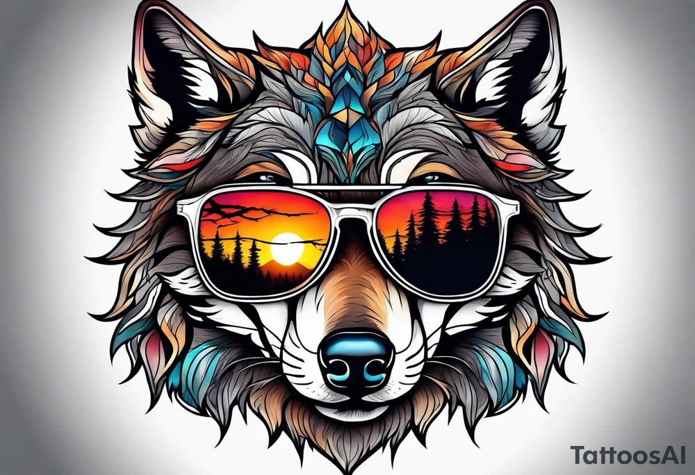 Badass wolf wearing sunglasses
Dark woods
Mountains
Sunset tattoo idea