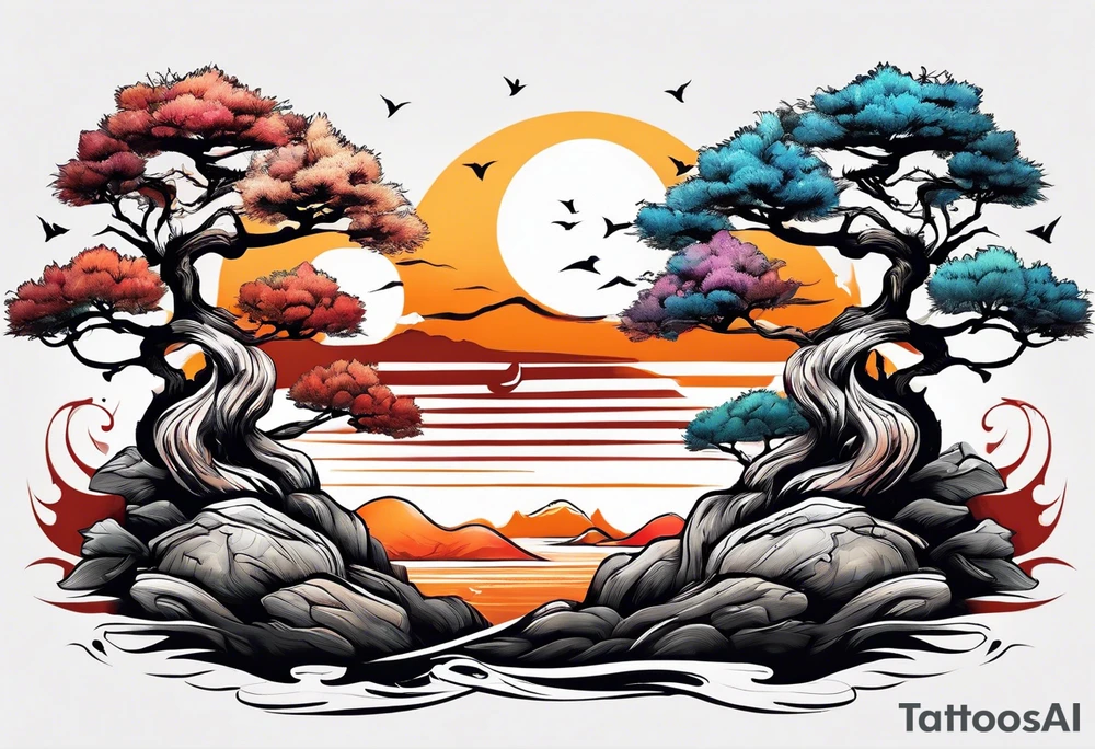 Sunset and little down bonsai trees tattoo idea