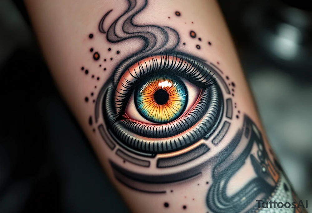 A kitchen eye tattoo features a realistic human eye nestled within the circular burner of a vintage stovetop, with metallic gray coils spiraling outward and the iris glowing a fiery orange-red as if lit from within, framed by subtle steam and tiny food splatters in soft pastel greens and browns for a surreal culinary twist. tattoo idea