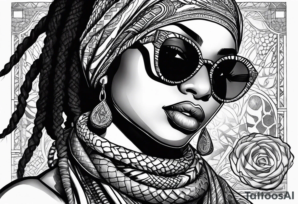 Muslim African woman  with snake dreads biting money sun glasses tattoo idea