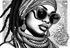 Muslim African woman  with snake dreads biting money sun glasses tattoo idea