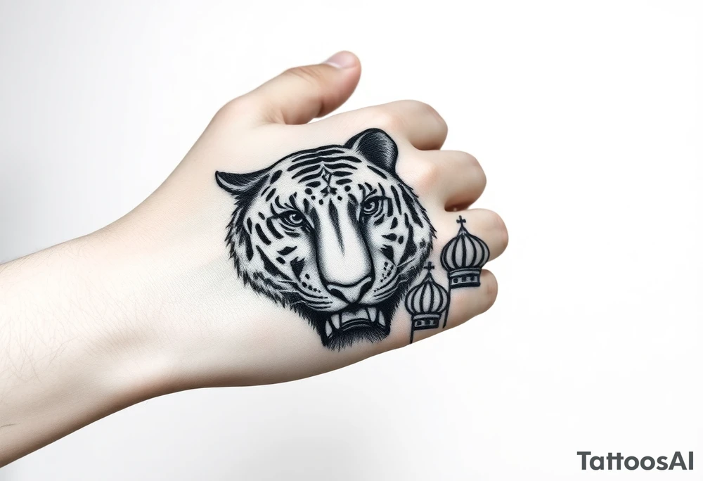 Realistic tiger face on the back of the hand with strong contrast and fine detail. Forearm features a highly detailed Russian Orthodox cathedral with onion domes and crosses, done in fine line, engraving-like style. Cohesive composition, black ink only, no color, high contrast, slightly aged, documentary-style, plain light background. tattoo idea