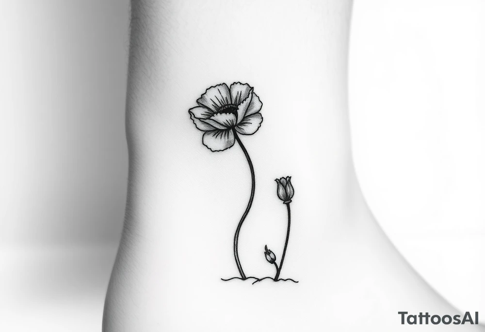 Simple line drawing style poppy growing up from cracks in pavement watercolor-esque coloring on poppy only back of ankle/heel or back of upper arm tattoo idea