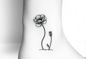 Simple line drawing style poppy growing up from cracks in pavement watercolor-esque coloring on poppy only back of ankle/heel or back of upper arm tattoo idea