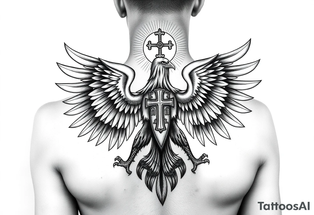 i am looking at getting a russian / serbian style double headed eagle like the coat of arms spread out on my back neck across my shoulders / traps in a orthodox christian church style setting with a sun beaming and in a mountainous setting, such as a Sovereign of the Mountain and an orthodox church in the background with the russian orthodox cross spire of the orthodox church being visible on my neck with a sun beaming in the background that the cross sits inside tattoo idea
