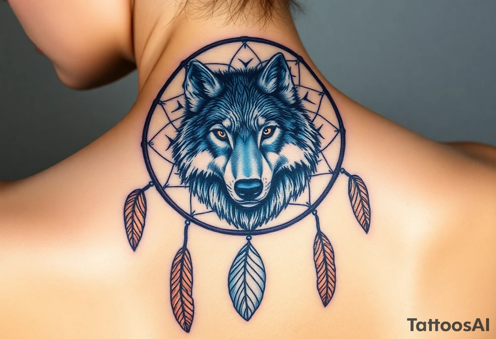 A dreamcatcher with a wolf’s face inside, with intricate feather patterns. The wolf’s fur is painted in cool tones of blue and silver, and the feathers are shaded in soft brown and gold tattoo idea