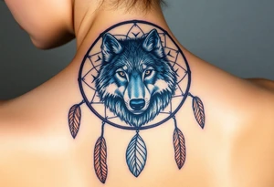 A dreamcatcher with a wolf’s face inside, with intricate feather patterns. The wolf’s fur is painted in cool tones of blue and silver, and the feathers are shaded in soft brown and gold tattoo idea