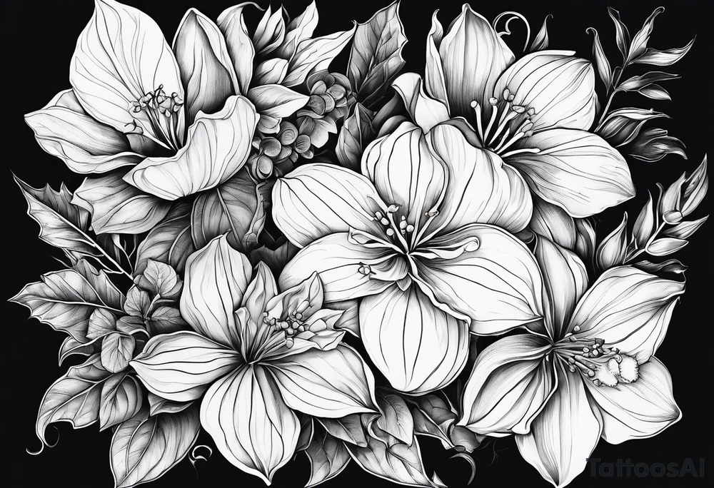 Hydrangea, Narcissus, Poinsettia, Holly, Gladiolus, Poppy, Daisy, Sweet Pea floral tattoo idea