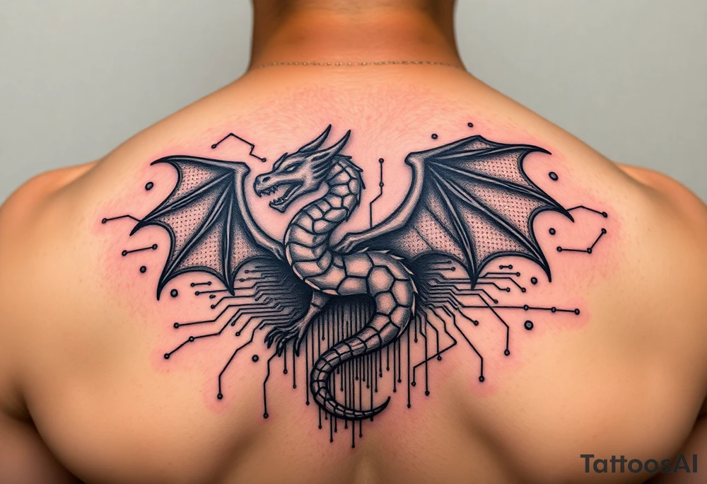 network security red team offensive security theme. Kali linux dragon emblem breaking through skin. Underneath the skin is a techy design like a circuit board or network map tattoo idea