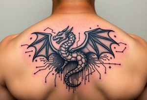network security red team offensive security theme. Kali linux dragon emblem breaking through skin. Underneath the skin is a techy design like a circuit board or network map tattoo idea