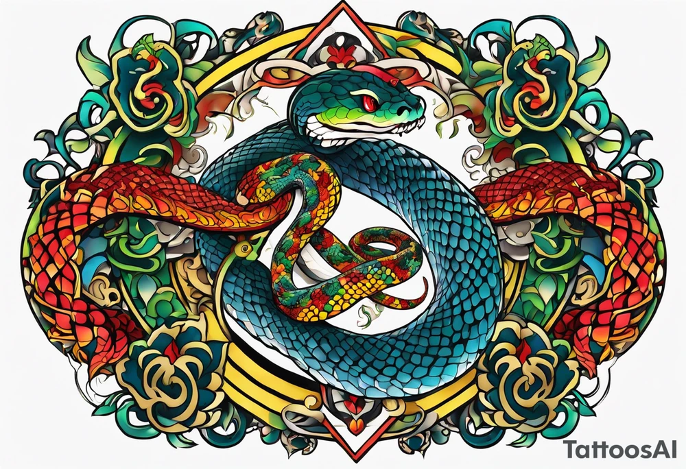 I want the oroborus snake  in the style of ed hardy with subtle reference to the end by the doors tattoo idea