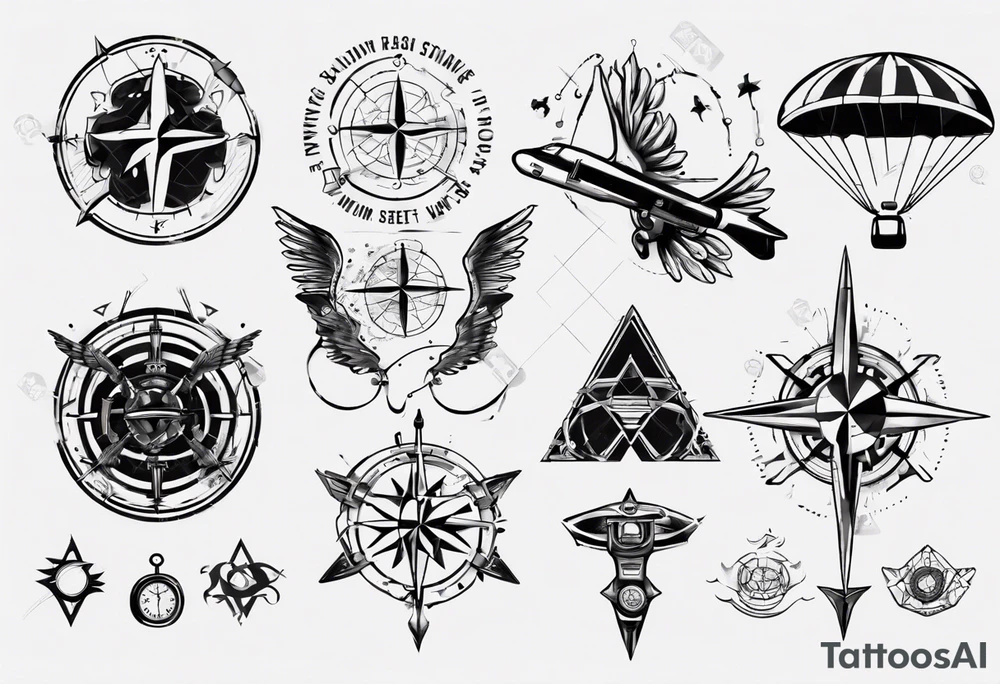 skydiving, shooting guns, compass, adventure tattoo idea