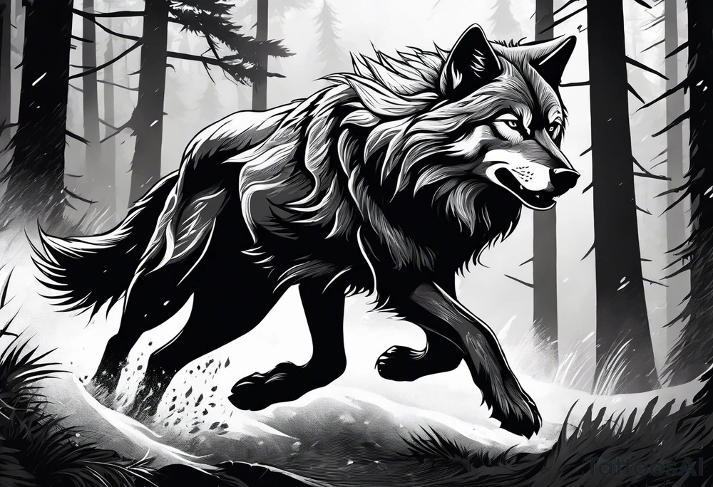 Powerful storm raging through forest with an alpha wolf snarling tattoo idea