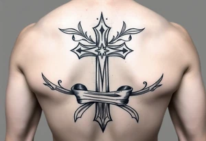 A cross  surrounded with ribbon by Micronesian tribal for forearm tattoo idea