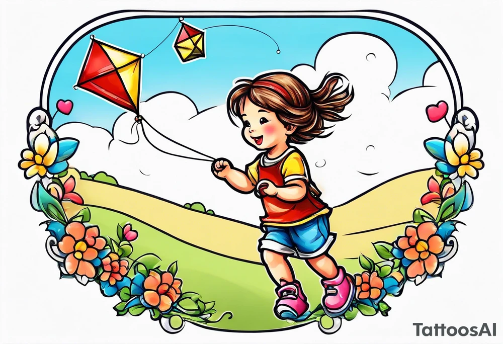 whimsical picture of a little girl flying a kite and holding a teddy bear tattoo idea