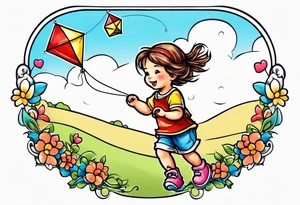 whimsical picture of a little girl flying a kite and holding a teddy bear tattoo idea