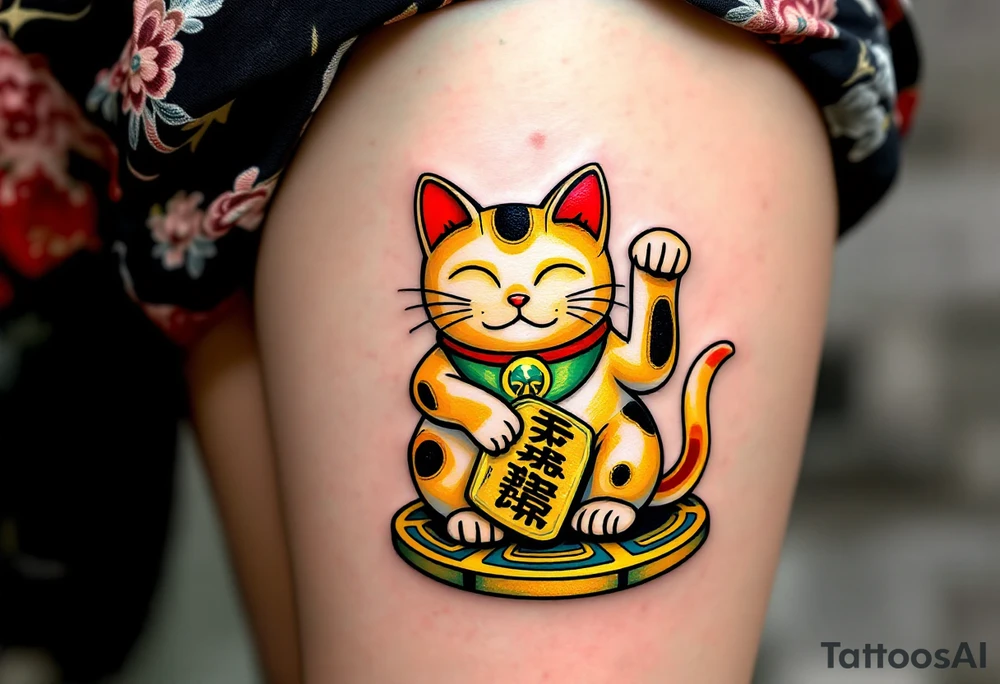A golden maneki-neko (beckoning cat) with a red collar and green bib, sitting on a coin. tattoo idea