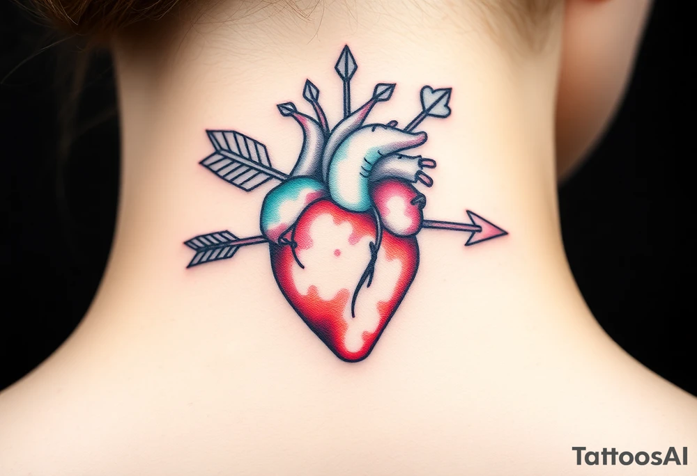 anatomical heart pierced by ornate arrow with flowing ribbons tattoo idea