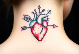 anatomical heart pierced by ornate arrow with flowing ribbons tattoo idea