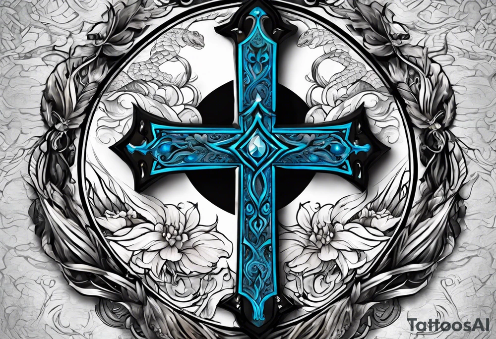 A cross with a viper around it, eyes are bright blue color, no peripherals, just cross and viper tattoo idea