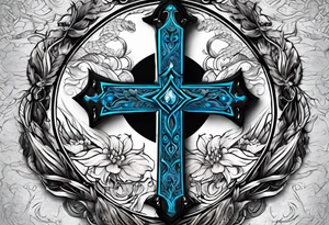A cross with a viper around it, eyes are bright blue color, no peripherals, just cross and viper tattoo idea