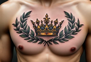 Realistic crown tattoos with metallic gold tones, surrounded by laurel leaves in muted olive green. tattoo idea