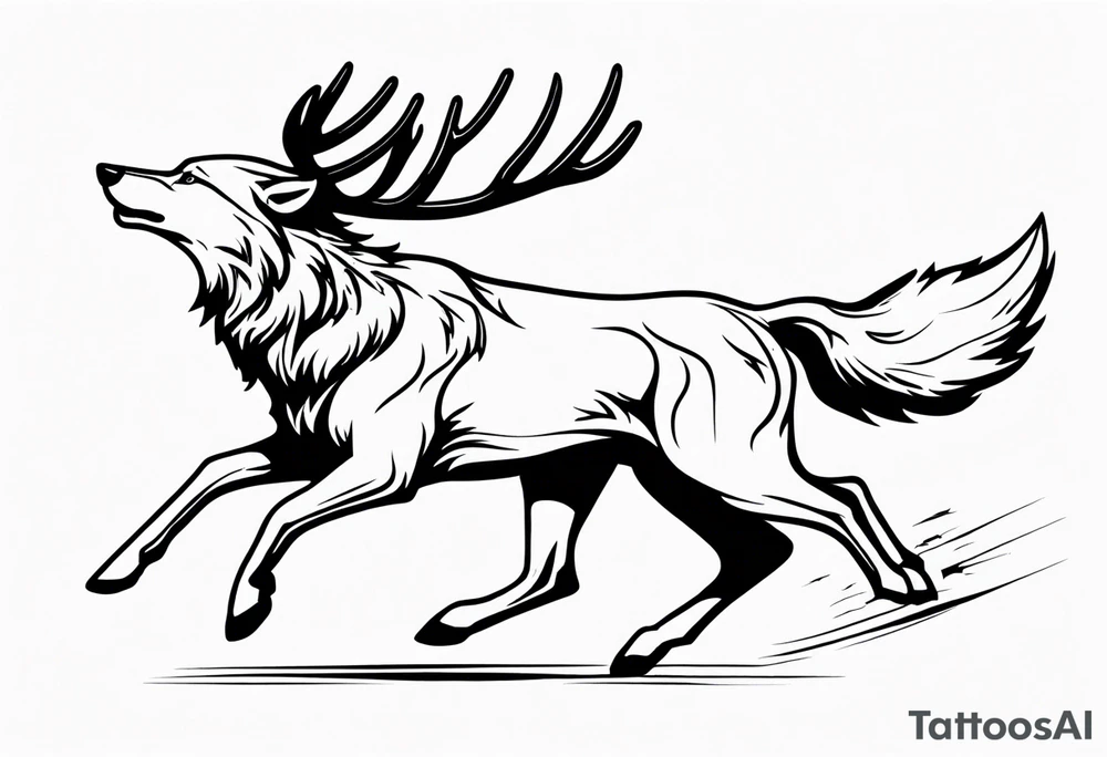 stag running with wolf tattoo idea