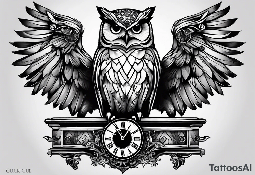 Owl perched on vintage clock tattoo idea