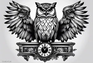 Owl perched on vintage clock tattoo idea