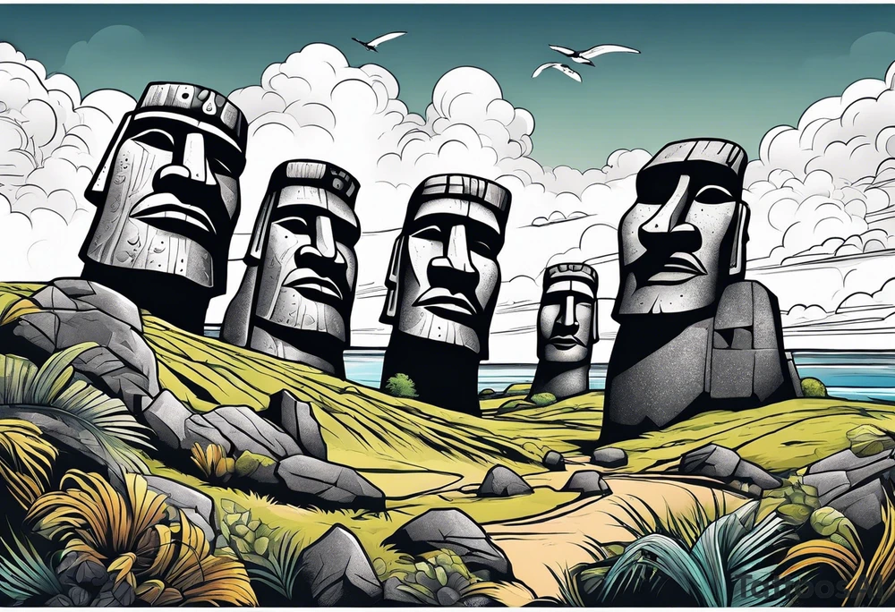 Four Easter island heads on an island landscape with hawks circling above tattoo idea