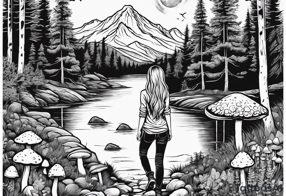 Whole picture encircled fully

Straight long blonde hair hippie girl in distance holding mushrooms in hand facing away toward mountains and creek surrounded by mushrooms long sleeve shirt and hiking pants; whole rendering within a full circle, no cut off circle tattoo idea