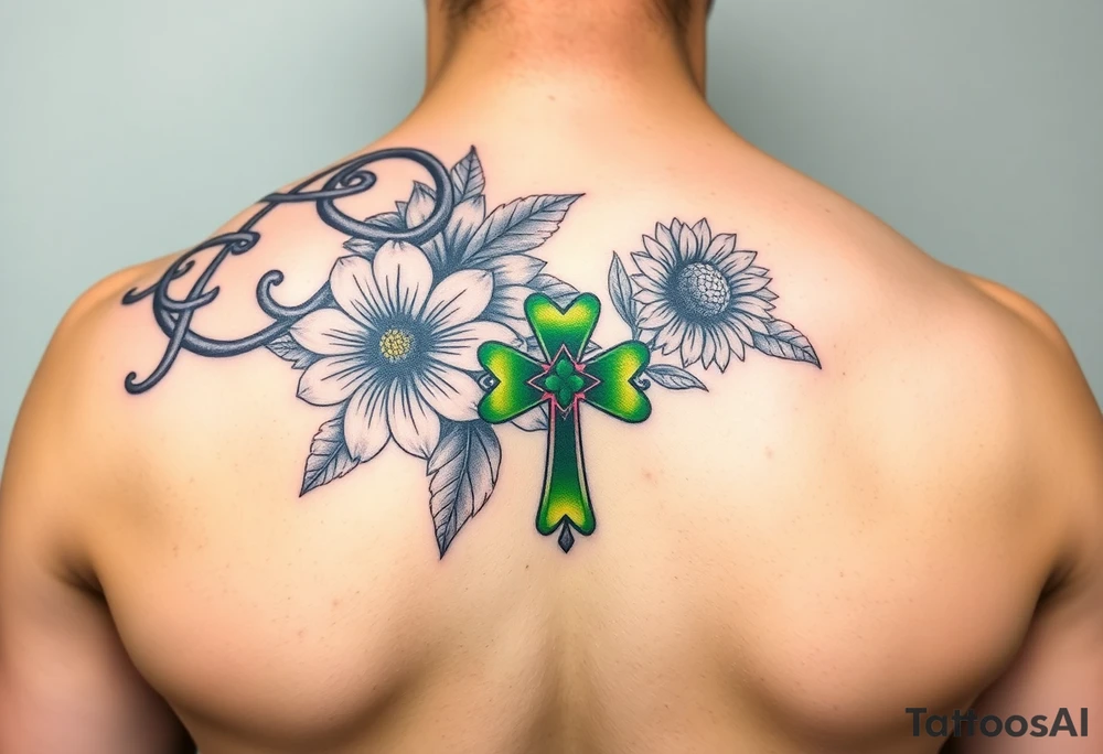 shoulder half sleeve tattoo with black and green celtic knots weaving throughout, bright colorful hibiscus flowers, sunflowers and a celtic cross with green 4 leaf clover tattoo idea