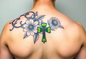 shoulder half sleeve tattoo with black and green celtic knots weaving throughout, bright colorful hibiscus flowers, sunflowers and a celtic cross with green 4 leaf clover tattoo idea