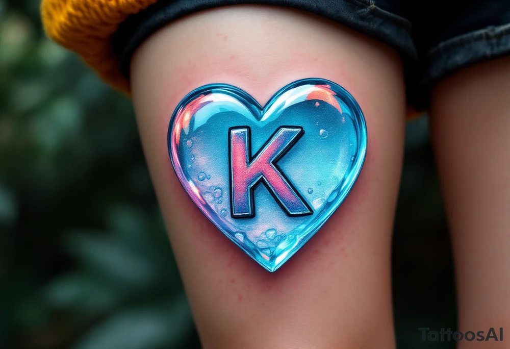 A realistic glass heart with the letter "K" frozen inside, representing love that is pure and preserved forever. tattoo idea