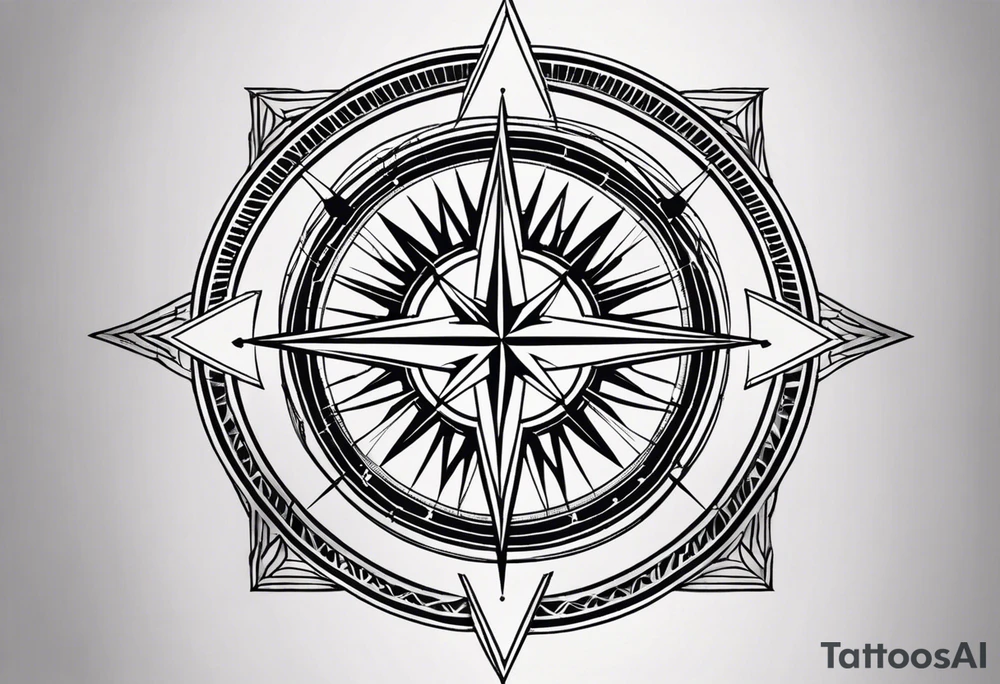 Design a tattoo in a Geometric style featuring a compass as the central element. The compass should have intricate, symmetrical geometric patterns within its structure, such as interlocking lines or triangular engravings. Behind the compass, include a bold, tilted scar running diagonally, with slightly jagged edges and natural tapering at both ends. The scar should integrate seamlessly into the geometric design without overpowering it. Use sharp, clean lines and focus on symmetry, avoiding heavy shading or background elements. tattoo idea