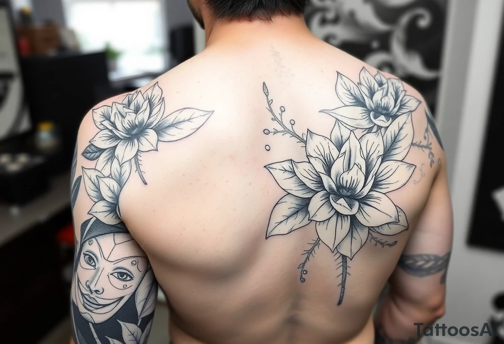 Full arm sleeve men’s lotus flower and leaves with Venetian masks tattoo idea