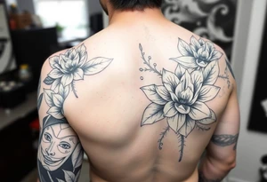 Full arm sleeve men’s lotus flower and leaves with Venetian masks tattoo idea