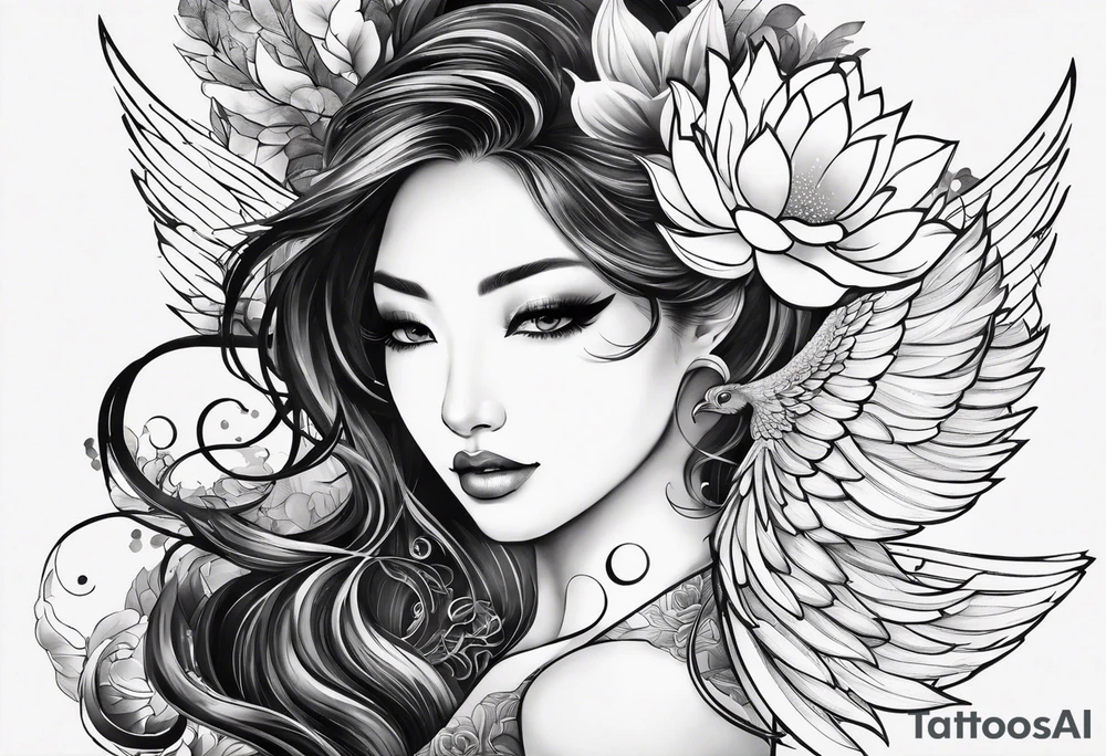 one tattoo that combines lotus flower, phoenix and helix tattoo idea