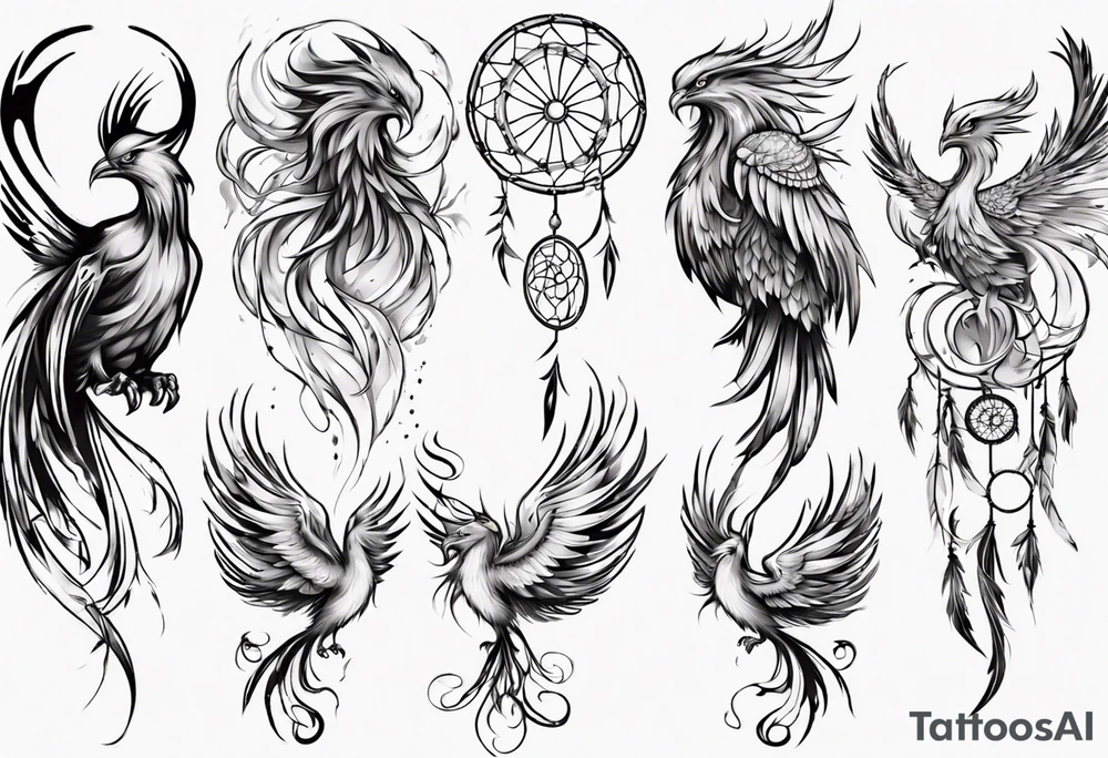 Vertical open mouthed Phoenix with abstract dream catcher tail tattoo idea