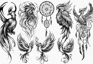 Vertical open mouthed Phoenix with abstract dream catcher tail tattoo idea