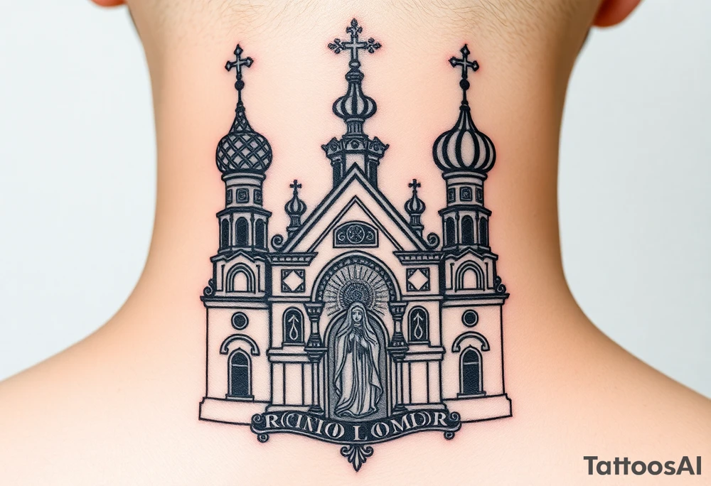 medium traditional russian orthodox church with russian coat arms and virgin mary tattoo idea
