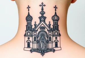 medium traditional russian orthodox church with russian coat arms and virgin mary tattoo idea