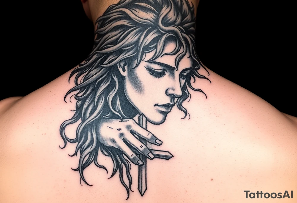 i want a picture of a teenage boy around 17 thats mix and has curly hair falling into the ebassy but jesus reaching down grabbing his hand with a cross in the mix tattoo idea