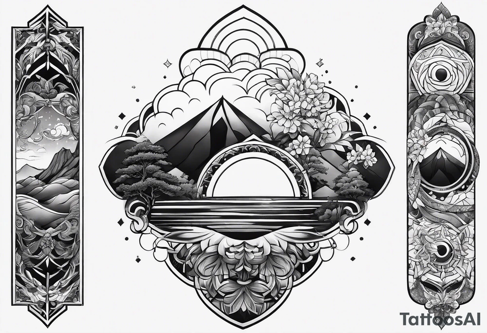 geometric arm sleeve tatoo, with fire and nature tattoo idea