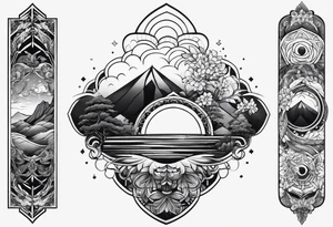geometric arm sleeve tatoo, with fire and nature tattoo idea